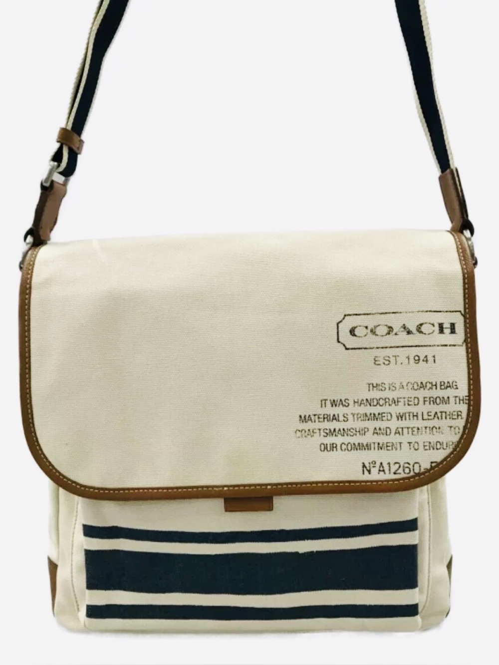 COACH F70627 CREAM AND NAVY CANVAS TAN LEATHER TRIM UNISEX MESSENGER BAG 🌟EUC🌟